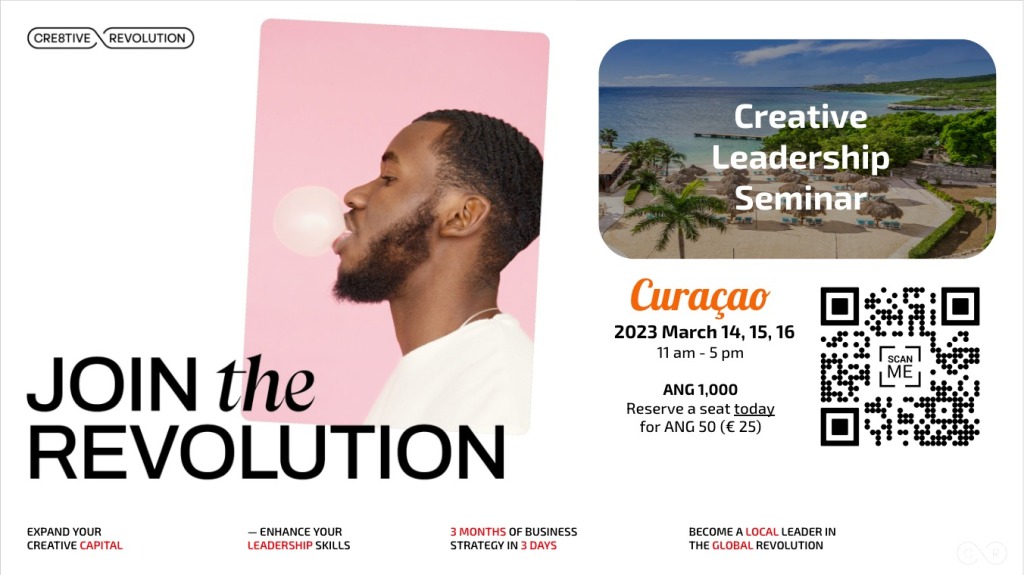 Be introduced to the Creative Leadership Seminar Curaçao, where authentic creativity meets proven business strategies. This Thursday, March 2, 2023, Cre8tive Revolution Group, the organizers of the seminar, will give an opportunity to business owners to get a preview of this dynamic seminar. During the preview, which will take place on Instagram Live @Cre8tiveRevolution between 8 and 9 pm, you can also purchase tickets for the seminar. The three-day seminar will take place from March 14to 16, 2023.